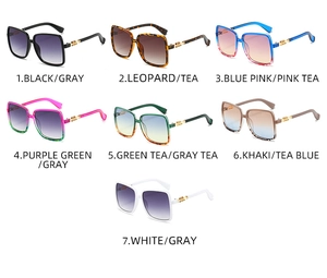 Detailed grid of seven color options for oversized square frame sunglasses with gold accents