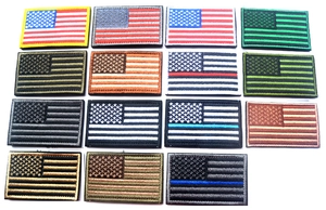 Detailed grid of sixteen assorted color US flag embroidered tactical morale patches