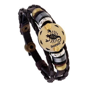 Scorpio multilayer braided leather bracelet with vintage bronze zodiac charm and beads
