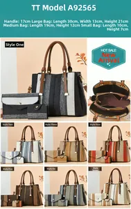 Detailed sizing chart for women striped 3-piece tote bag set including large, medium, small bags