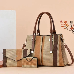 Three-piece women's striped tote bag set with textured fabric and leather trim