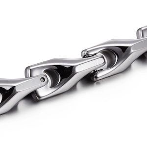 Polished silver tungsten steel chain bracelet with a modern industrial mechanical design