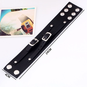 Bracelet punk large en cuir noir pour homme avec doubles boucles argentées