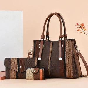 Three-piece brown striped tote bag set with matching clutch and card holder