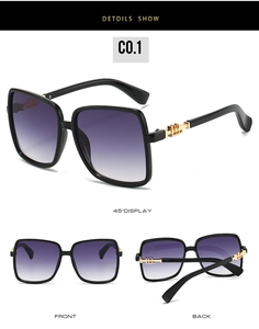 Detailed views of square sunglasses with black frames, purple lenses, and gold accents