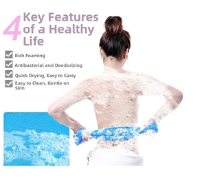 Blue nylon bath towel detail showing rich foaming texture and durable back scrubber length