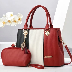 Set borse a mano Boston a righe rosse, bianche e nere con pochette abbinata e nappa decorativa