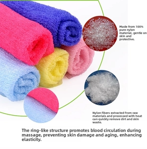 Detail of multi-color nylon exfoliating back scrubber showing mesh texture and raw fiber