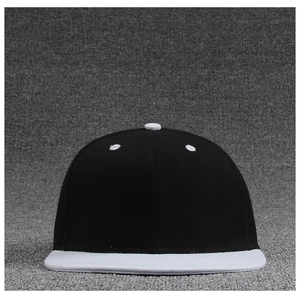 Front view of a two-tone black and white flat brim snapback cap in premium cotton twill