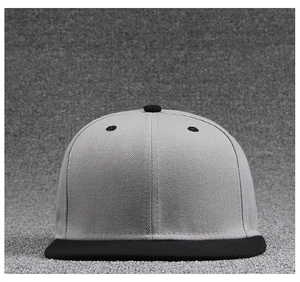 Detail of a two-tone baseball cap with a grey crown, black brim, and breathable vents