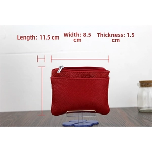 Detail of red leather coin purse showing dimensions 11.5cm length and 8.5cm width