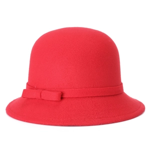 Elegant red wool cloche hat for women featuring a classic bow decoration on white background