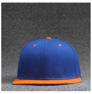 Front view of blue and orange contrast flat brim baseball cap with cotton texture