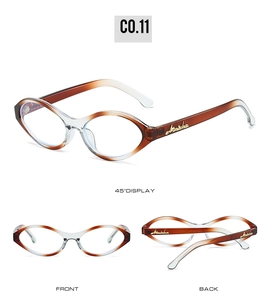 Three-angle view of vintage oval sunglasses in gradient blue-grey with golden temple detail