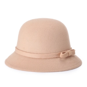 Classic khaki wool cloche hat for women featuring a side ribbon bow decoration
