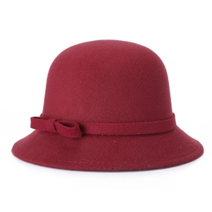 Vintage Women Cloche Hat Round Top Woolen Polyester Blend Felt Dress Hat With Bowknot Ribbon Decor Autumn Winter