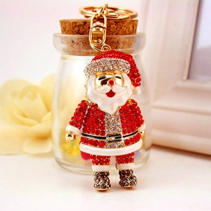 Cute Santa Claus rhinestone keychain with festive red enamel for bags and accessories