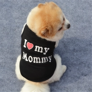 Detail of black pet vest with 'I love my Mommy' print on a Pomeranian puppy