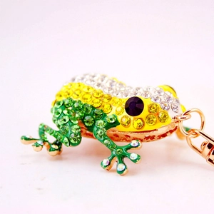 Cute green rhinestone frog keychain with gold-plated metal base for bags and keys