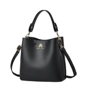 Elegant black lychee grain bucket bag with golden logo and adjustable strap for women