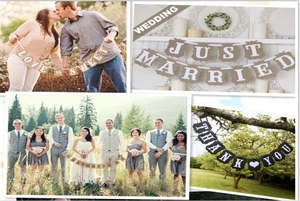 Collage of rustic wedding banners including Just Married and Love is Sweet decorations