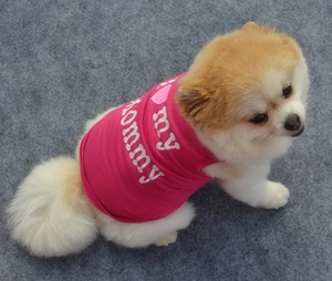 Pink 'I Love My Mommy' dog vest on a Pomeranian with high-quality knit fabric