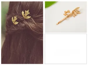Detailed macro view of golden metal maple leaf and berry branch hair clips on hair