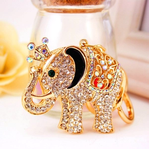 Sparkling gold elephant keychain with crystal crown and colorful rhinestones decor