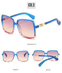 Multi-angle view of square sunglasses with blue frames and gold H-style hinge details
