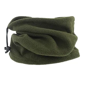 Detail of dark green fleece neck gaiter with adjustable drawstring and windproof toggle