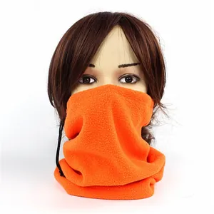 Detail of orange winter fleece neck gaiter with adjustable black drawstring and toggle