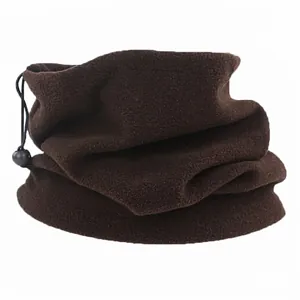 Brown polar fleece neck warmer for outdoor sports with adjustable drawstring toggle