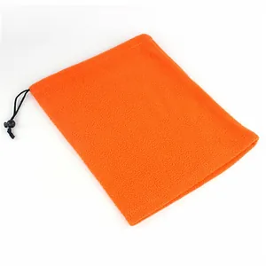 Detail of orange fleece neck warmer with adjustable black drawstring and toggle