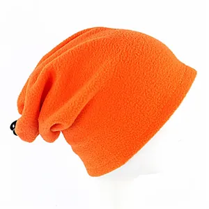 Detail of orange fleece neck warmer with adjustable black drawstring and toggle closure