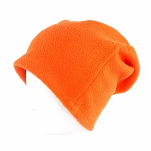 Detail of bright orange fleece neck warmer and hat showing the warm texture and stitching