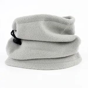 Gray fleece neck warmer with adjustable drawstring for outdoor winter sports
