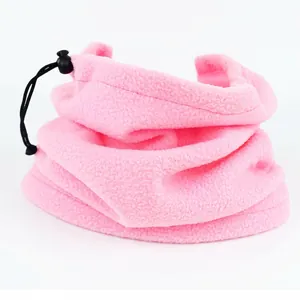 Pink fleece neck warmer detail showing the adjustable drawstring and plastic toggle