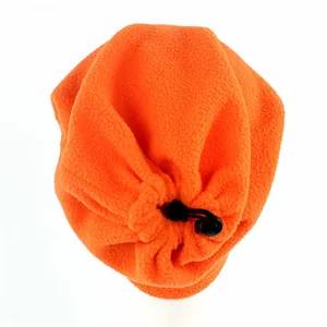 Close-up of bright orange fleece neck warmer with adjustable black drawstring and toggle