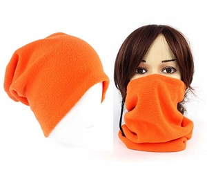 Bright orange fleece neck warmer and beanie combo showing dual-use versatility
