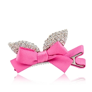 Pink ribbon bow hair clip for children with crystal rhinestones and metal duckbill clip
