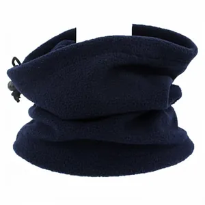Detail of navy fleece neck warmer featuring an adjustable drawstring and toggle closure