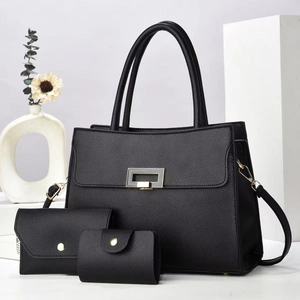 Ensemble de sacs à main trois pièces en cuir noir à motif litchi avec boucles dorées