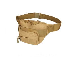 Side view of khaki tactical waist bag showing durable layered pockets and adjustable buckle
