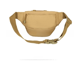 Rear view of tactical khaki waist bag featuring adjustable belt and zipper compartment