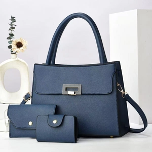 Ensemble de trois sacs à main en cuir bleu foncé avec cabas, pochette et portefeuille chic