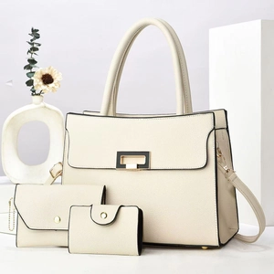 Ensemble chic 3 pièces de sac cabas blanc crème avec portefeuille et porte-cartes assortis