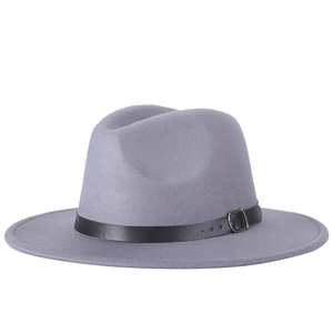 Classic gray wool fedora hat with black leather band and metal buckle on white background