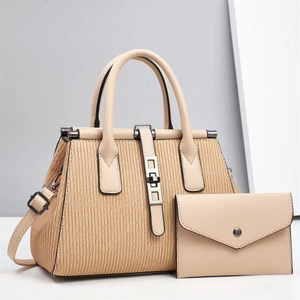 Elegant beige pleated tote bag set with matching envelope clutch and adjustable strap
