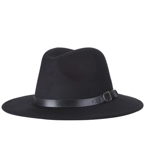 Classic black wide brim wool fedora hat with elegant leather band and metal buckle detail
