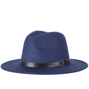 Navy blue wool fedora hat with black leather belt buckle detail for women, stylish jazz cap